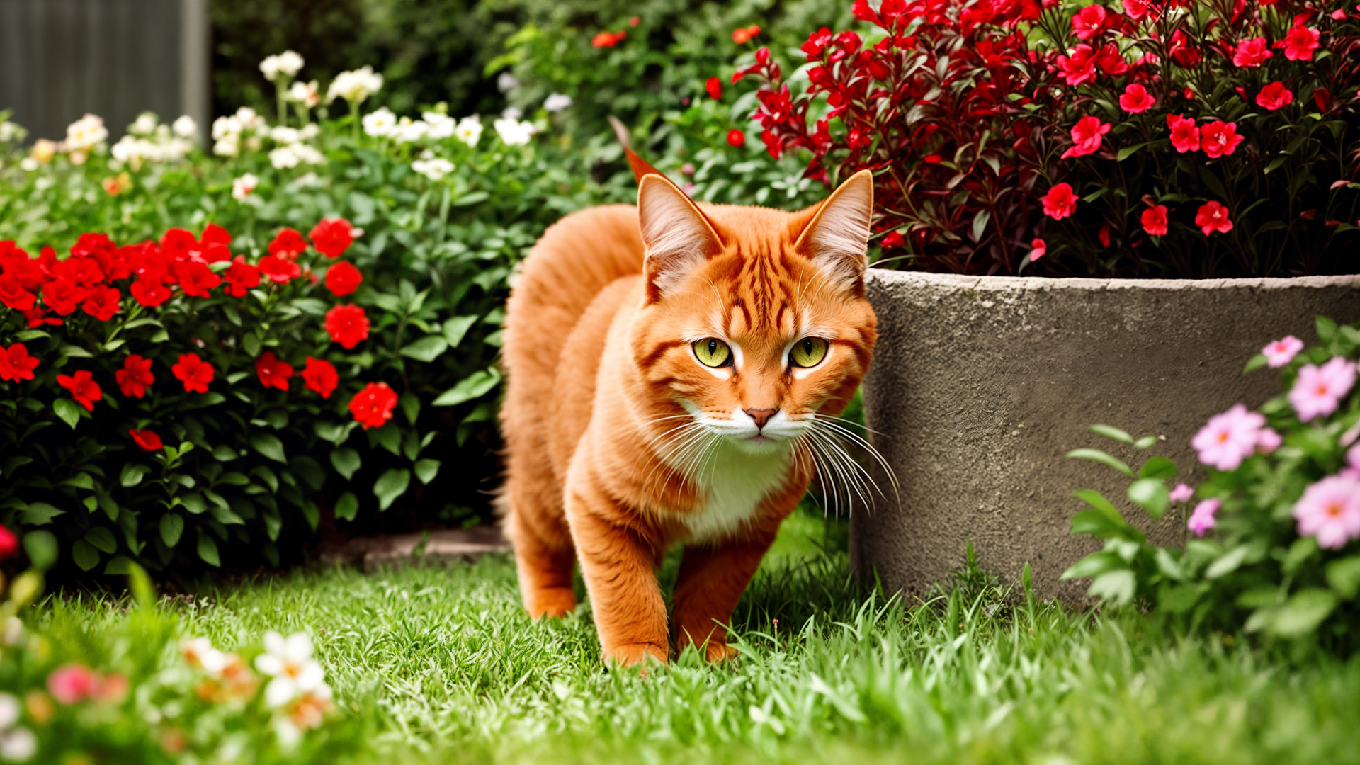red british cat, in the garden, played, cinematic