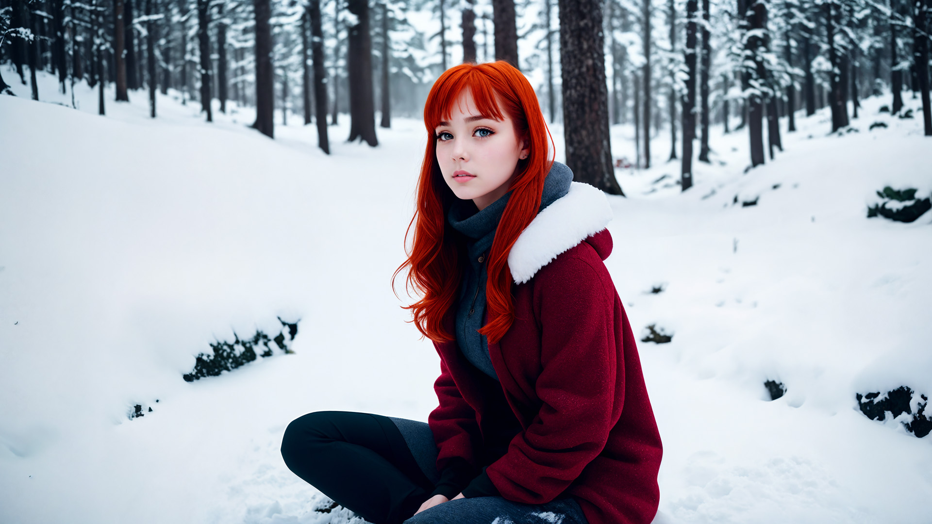 a redhead girl; cinematic; dziewczyna; forest; na śniegu; rudowłosa; sitting; snowy; w lesie