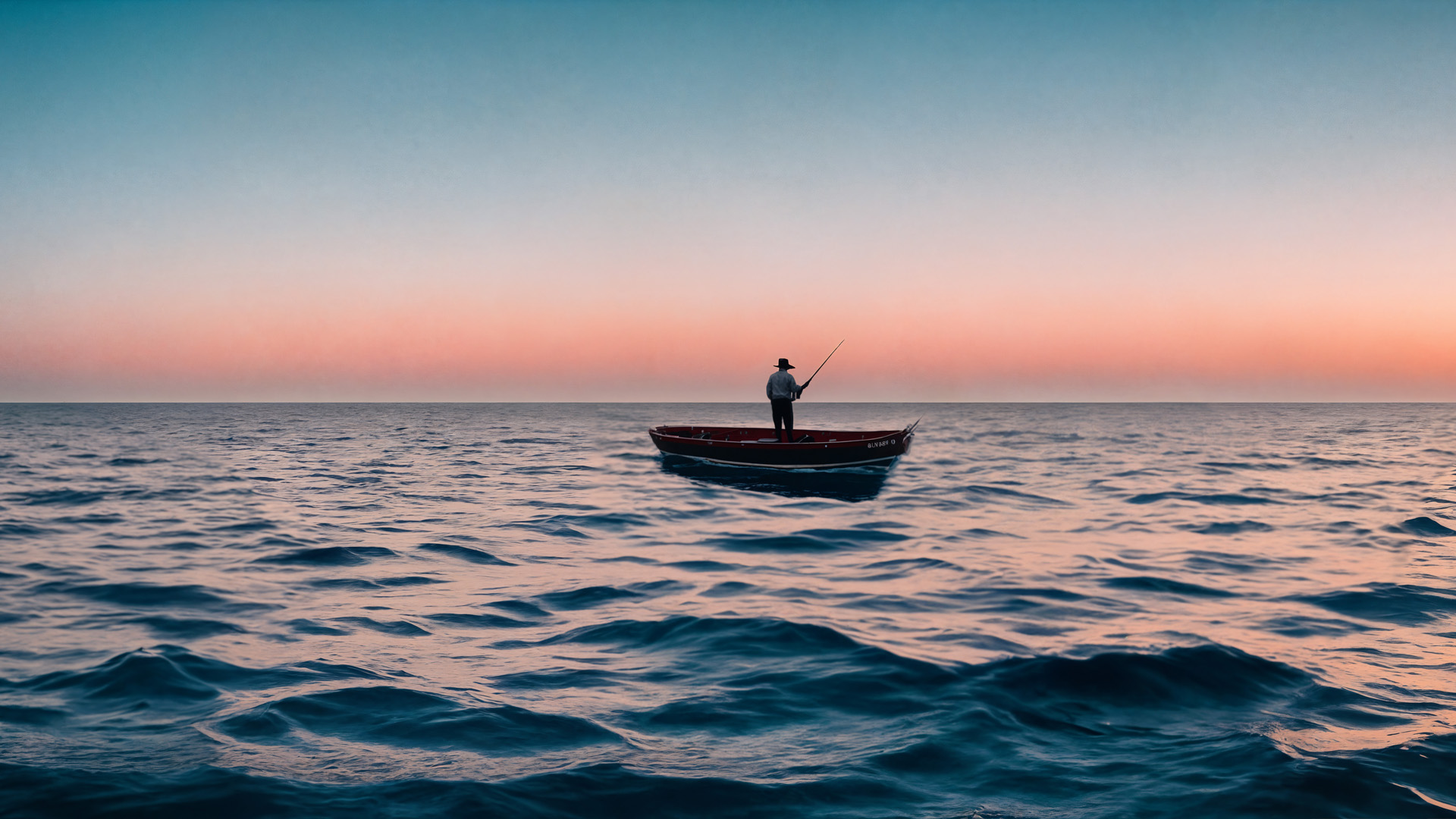 samotny rybak, łódź, nieskończoność, tapeta na pulpit, woda, spokój, cisza, medytacja, pośrodku niczego, daleko, jedność z naturą, rybołówstwo, ocean, niebo, horyzont