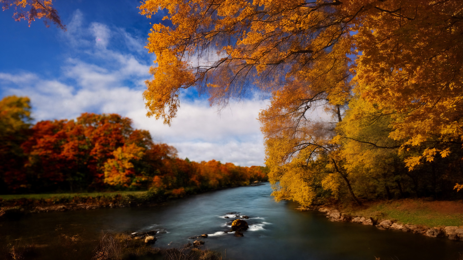rzeka, jesień, drzewa, wielobarwne liście, odbicia, srebrzysta woda, czerwień, pomarańcz, złoto, natura, ulotność, cykliczność, szczegóły, świat, życie