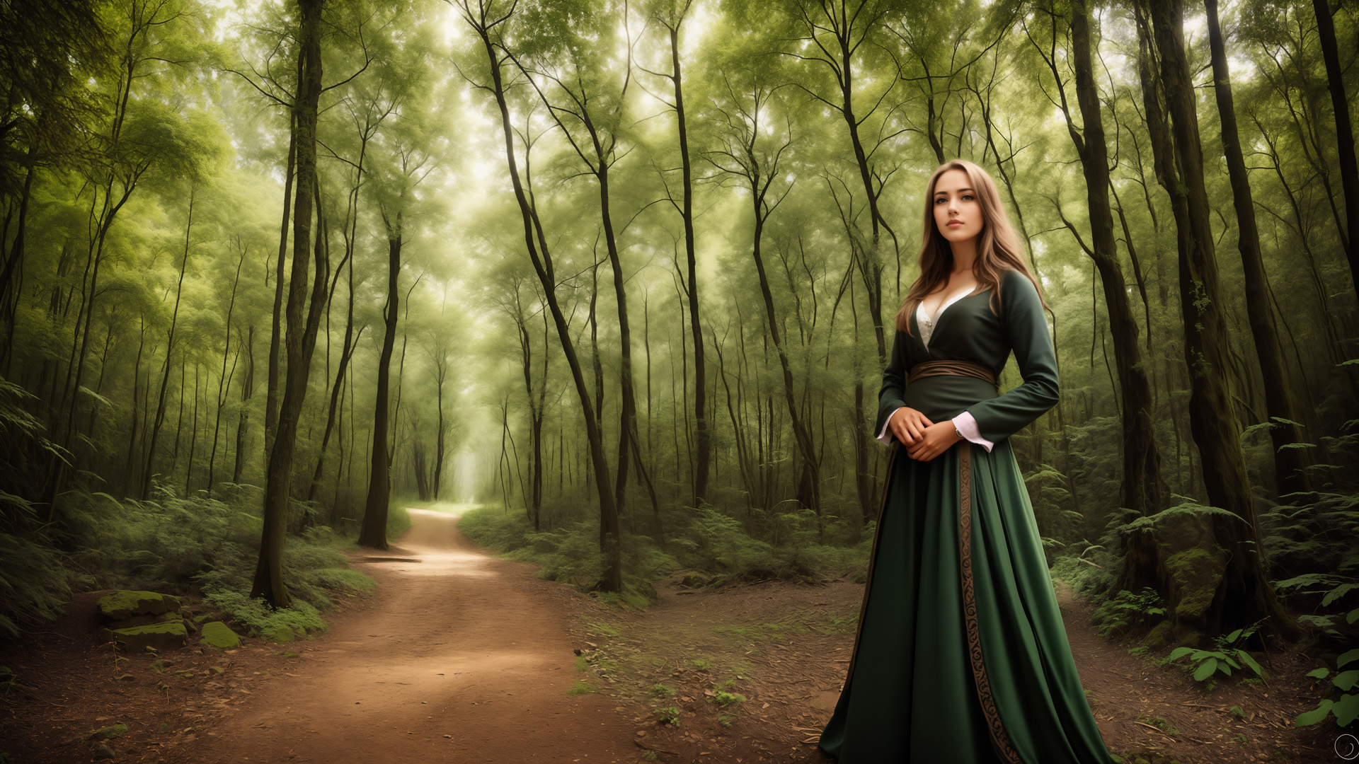 kobieta, zielona sukienka, las, ścieżka, natura, harmonia, spokój, gracja, tajemniczość, piękno, fotografia, zielony, kompozycja, atmosfera, jedność z naturą
