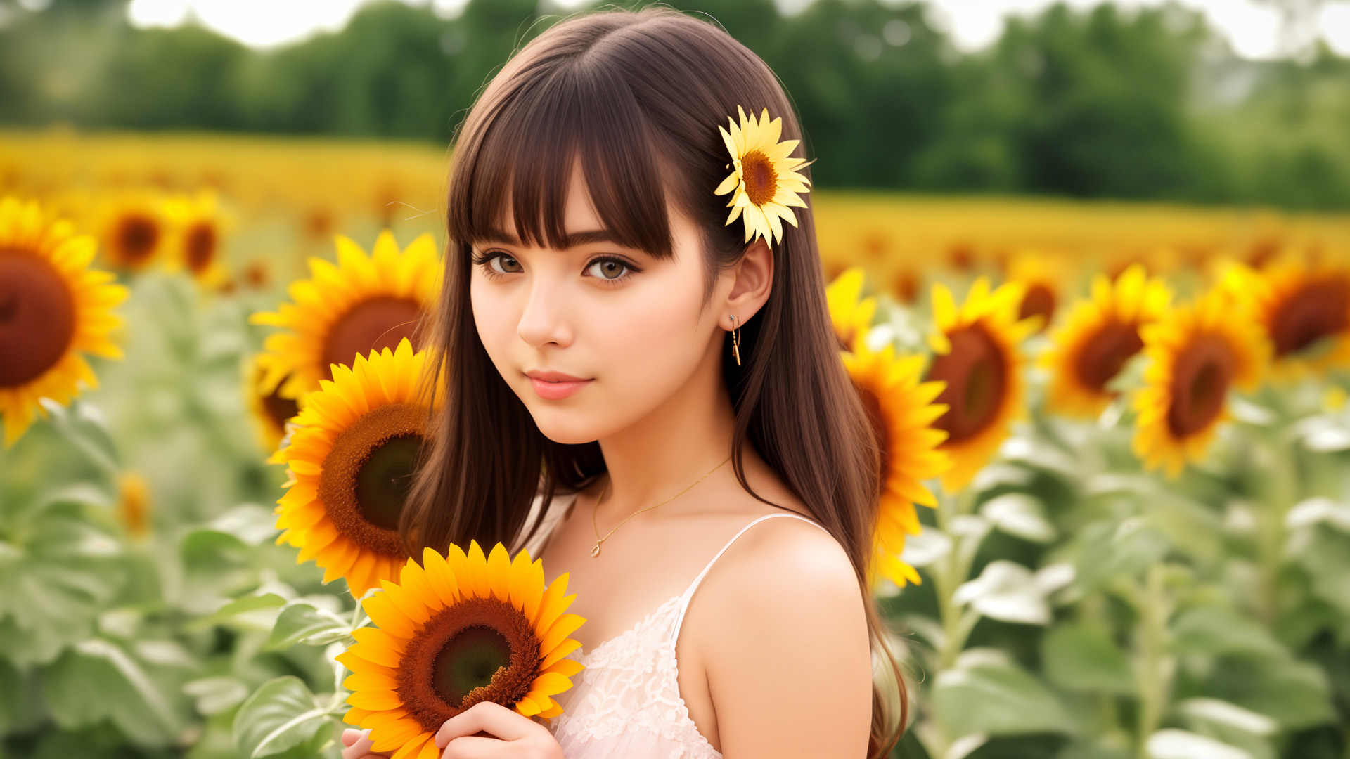 dziewczyna, słoneczniki, kwiat w dłoniach, kwiat we włosach, lato, pole słoneczników, żółty, natura, harmonia, ciepło, promienie słońca, piękno, modelka, flora, letni dzień