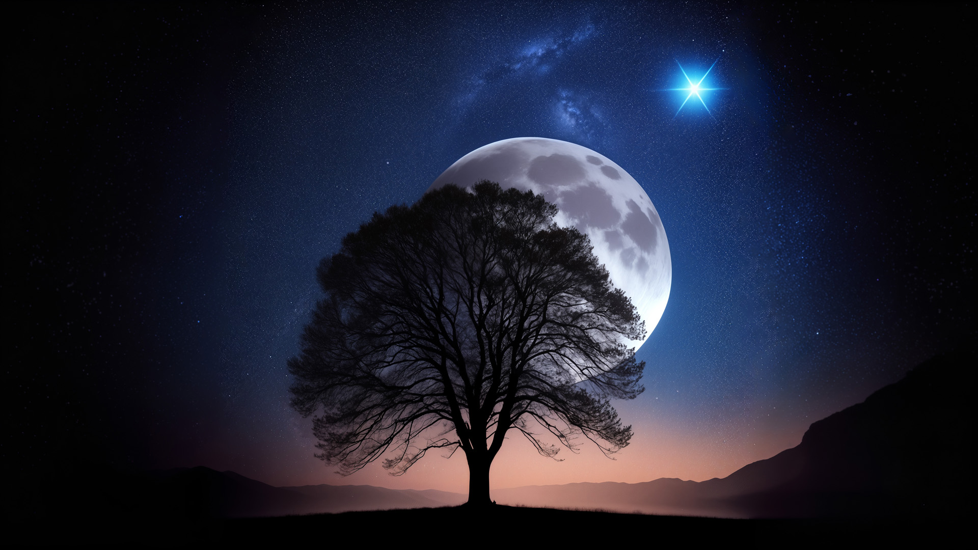 księżyc, drzewo, gwiaździste niebo, noc, gwiazdy, ciemność, krajobraz, pełnia, sylwetka, przyroda, kontemplacja, atmosfera