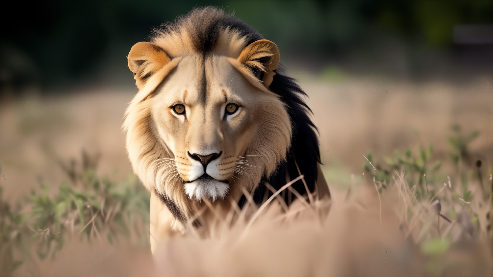 lew, drapieżnik, dzikie zwierzę, spojrzenie, rozmycie, król sawanny, majestatyczność, ostre kły, surowość, naturalne środowisko