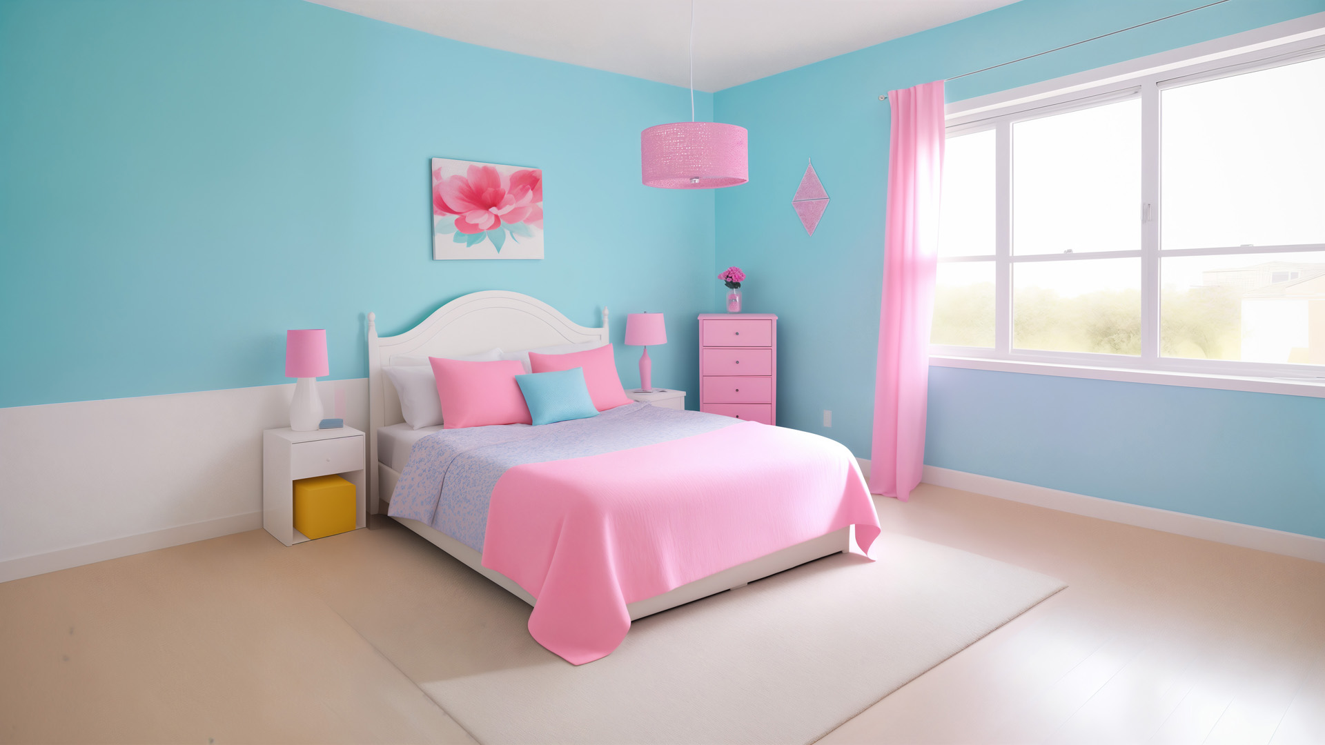 różowy, niebieski, jasny, sypialnia, dziewczynka, pastelowe barwy, wnętrze, przytulność, dziecięcy charakter, marzenia, meble, detale, kolor