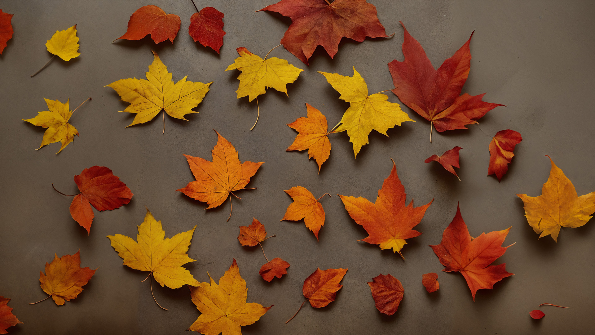 liście, jesień, podłoga, brak drzew, równomiernie rozrzucone, czerwień, pomarańcz, złoto, kompozycja, kontrast, sugestia, jednolite tło