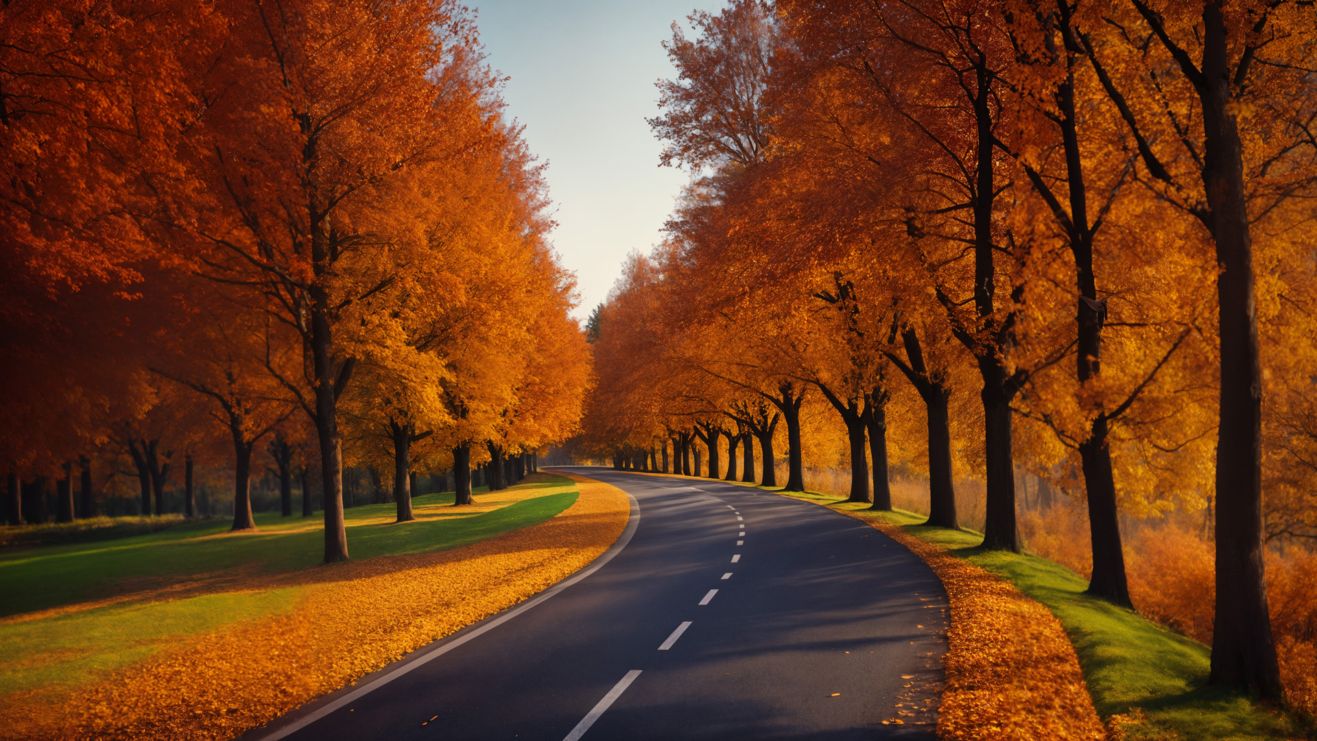 Jesień, aleja, drzewa, obraz drogi, ogniste kolory, liście, kolorowy dywan, słońce, ciepło, magia, zmieniająca się pora roku, urok