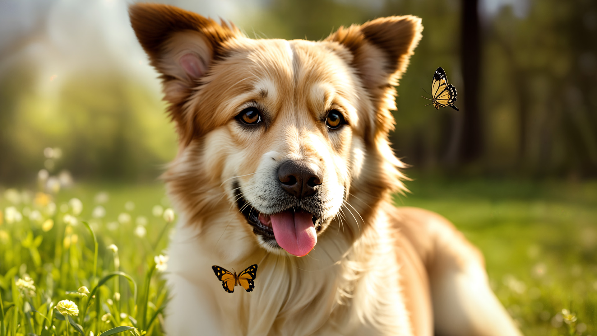 pies, motyle, wiosna, łąka, trawa, kwiaty, przyroda, ciepło, radość, życie, słoneczne światło, brązowy pies, zwierzęta, outdoor